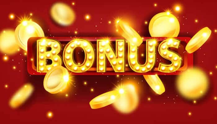 Tanda bonus emas dengan lampu bercahaya dan syiling terbang, melambangkan ganjaran promosi di <a href=